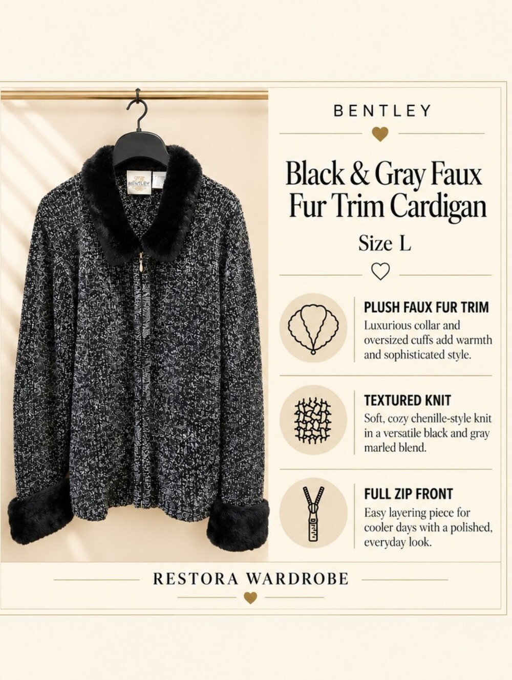 Bentley Cardigan Black Gray Faux Fur Trim Zip Front Vintage 90s Size L